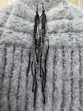 Long Black And Gray Beaded Fringe Earrings